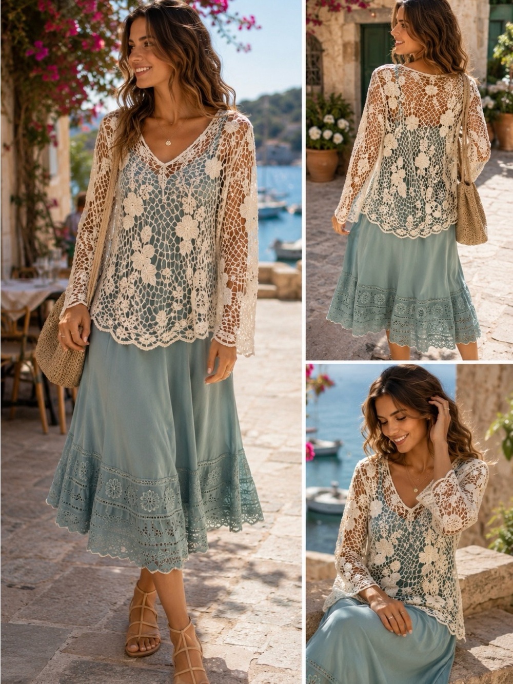 💥Peruvian Connection Pima Cotton Floral Crochet Openwork V-Neck Top Ivory XL🧡